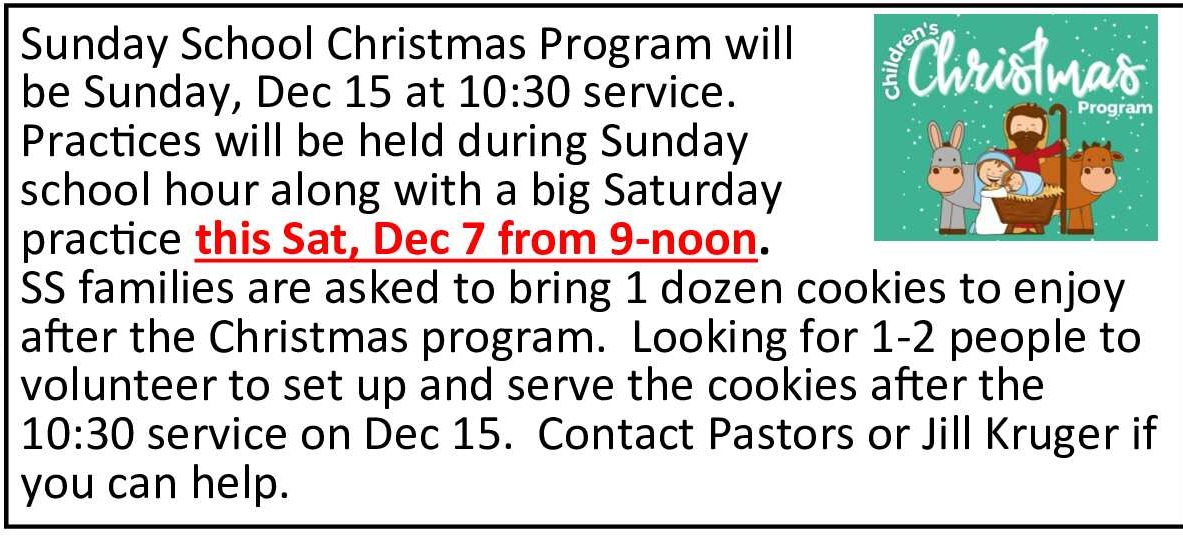 Sunday School Program December 15th at 1:30 AM